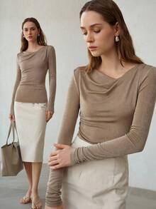 MOTF PREMIUM FASHIONABLE ASYMMETRIC SHOULDER SLIM FIT PLEATED CASUAL LONG SLEEVE T-SHIRT FOR WOMEN, SPRING/SUMMER - Champagne - View 1