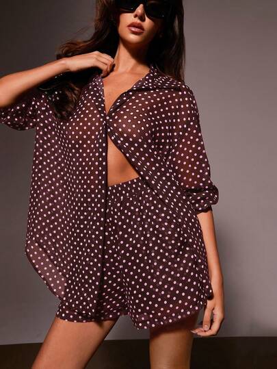 Athîral Women's Casual Polka Dot Print Shirt And Shorts 2 Pieces Set, Summer