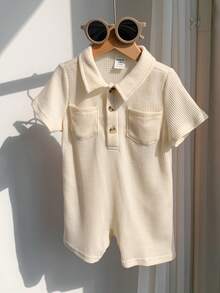 SHEIN White Summer Casual Family Matching Newborn Baby Boy Cute Knitted Texture Short Sleeve Romper,Suitable For Birthday Party,Wedding,Christening Event - Khaki - View 4