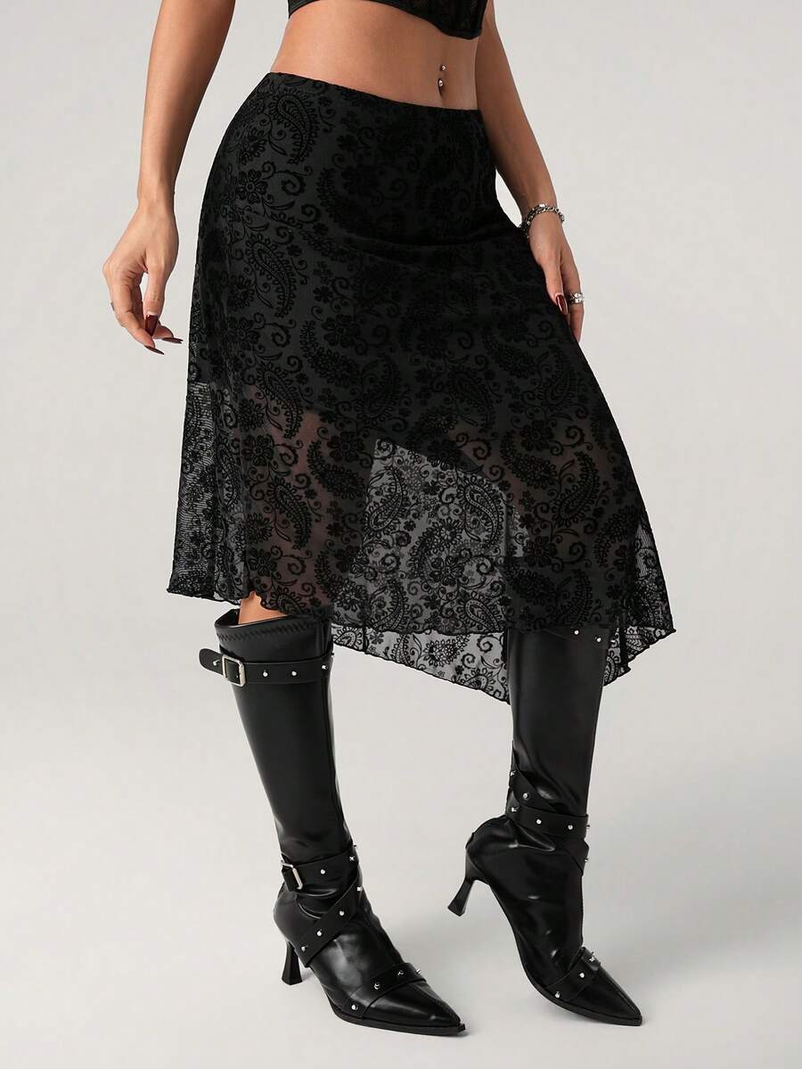 SHEIN ICON Falda casual con cintura elástica, malla de anacardo y bajo asimétrico para mujer - Negro - Ver 1