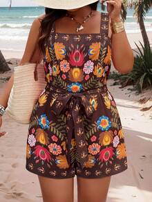 Weeklong Jumpsuit Wanita Ukuran Besar Gaya Bohemian Musim Panas Motif Bunga dengan Sabuk - MultiWarna - View 3