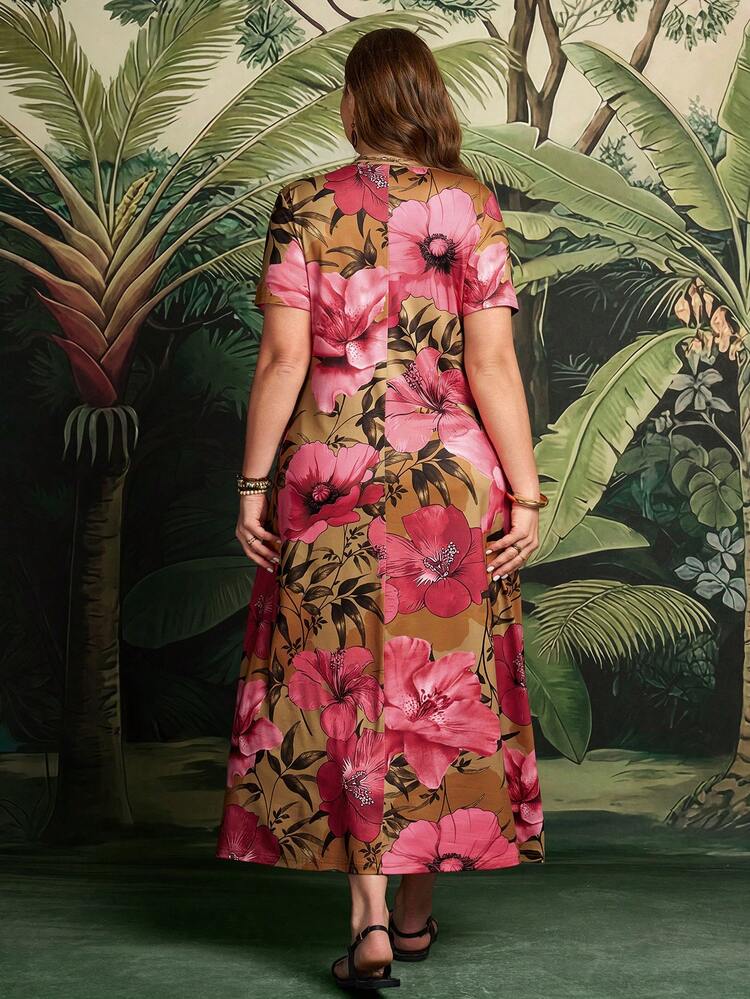 Plus Size Women's Summer Vacation Floral Print V-Neck Short Sleeve Dress, Belt Not Included Summer Outfits Beach Vacation Outfits For Women Floral Dress BOHO Clothes Women's Summer Dresses Tropical Vacation Outfits For Women Women's Summer Outfits Women Casual Dresses Women Holiday Dress Summer Outfits For Women Beach Outfit For Women Casual Vacation Outfits Women Country Concert Outfit Peplum
