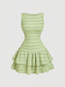 SHEIN MOD Green Round Neck Backless Bow Tie Strap Double Layer Hem Mini Dress - Green - View 4