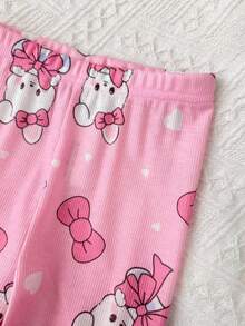 SHEIN Babygirl Cute Casual Knit Cartoon Print Short Sleeve Top And Elastic Waist Pants Loungewear Set - Pink - View 4