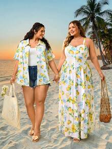 SHEIN CURVE+ Curve 尺码 US22 音乐节、海滨度假、波西米亚风女士开襟纽扣水果柠檬印花衬衫 - 彩色 - 查看 2