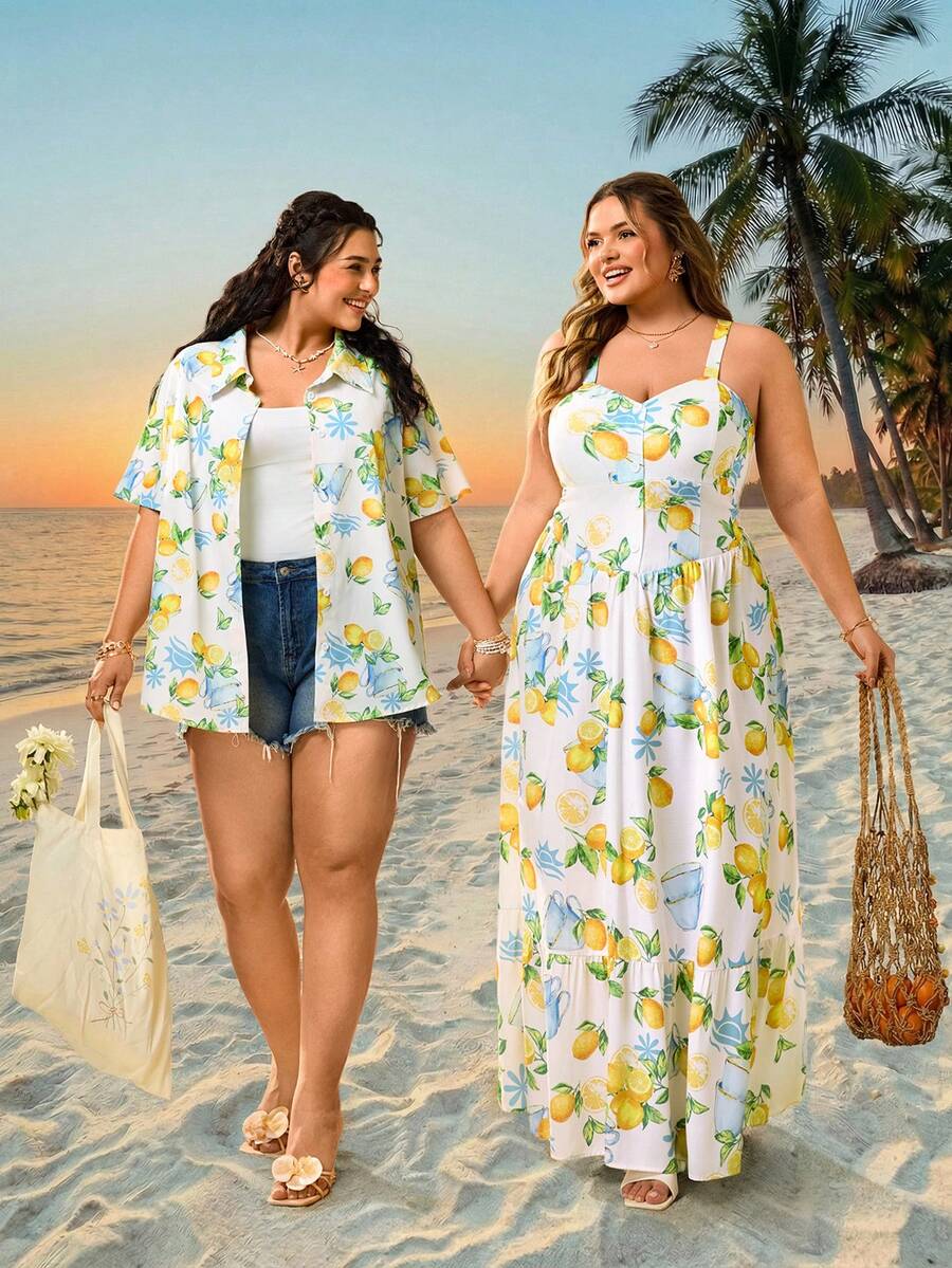 SHEIN CURVE+ Curve 尺码 US22 音乐节、海滨度假、波西米亚风女士开襟纽扣水果柠檬印花衬衫