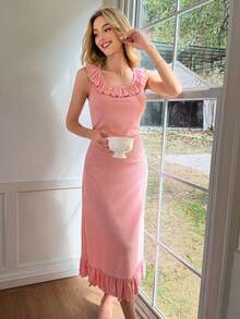 SHEIN Romantic Pink Ruffle Trim Round Neck Sleeveless Knit Dress For Women - Pink - View 7