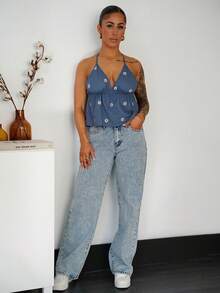 SAYEHFBABY 女式夏季度假花卉刺绣全身印花细肩带休闲背心 - 藍色 - 查看 5