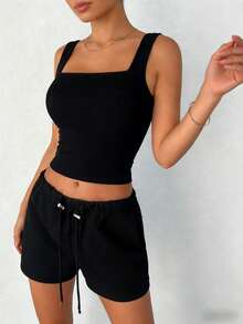 DAZY Women Square Neck Cropped Casual Fitted Camisole Crop Tops Women - Black - View 3