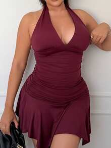 Maria Perezxox 全新不对称下摆收腰优雅通勤日常穿着深 V 领露背迷你连衣裙，女士夏季 - 酒紅色 - 查看 6