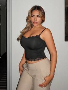 Maria Perezxox Women's Casual Everyday Commute Simple Solid Color Contrast Lace Fitted Cropped Camisole Tank Top, Summer - Black - View 3