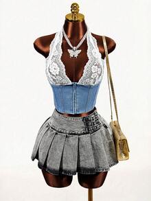 SHEIN Women's Contrast Lace Zip Front Halter Denim Blouse - Blue - View 1