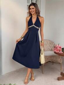 Lucivie Đầm midi nữ màu xanh navy cổ yếm khoét sâu cổ chữ V đính hạt, kiểu dáng thanh lịch và thoải mái - Đầm dự tiệc cocktail không tay dành cho nữ. - Màu xanh lam - Xem 7
