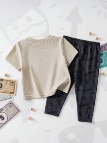 MONOPOLY X SHEIN Baby Girl Cartoon Print T-Shirt & Letter Print Pants Set - Multicolor - View 2