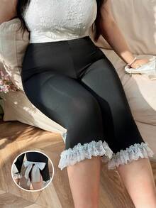 SHEIN CovetEZ 大码女式蕾丝拼接蝴蝶结装饰休闲百搭日常修身七分裤荷叶边裤蝴蝶结细节裤女裤蕾丝边裤女式低腰黑色七分裤女式七分裤女式七分裤女式蕾丝边七分短裤打底裤女式七分打底裤 - 黑色 - 查看 8