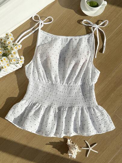 Comfortcana Plus Size Women Polka Dot Ruched Versatile Daily Wear Camisole Top