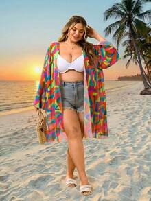 SHEIN CURVE+ Plus Size Women's Beach Cover-Up, Geometric Print Design, Casual Beach, Suitable For Summer Vacation Plus Size Bathing Suits Women - Multicolor - View 7