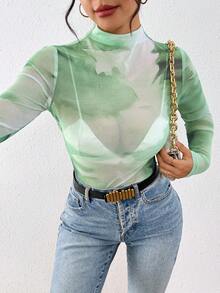 SHEIN Clasi Áo kiểu nữ thời trang gợi cảm in họa tiết tie-dye, cổ đứng, chất liệu xuyên thấu. - Màu xanh Cadet - Xem 6