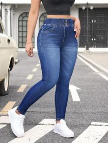 Flexra 女士休闲水洗高腰修身牛仔裤 - 藍色 - 查看 4