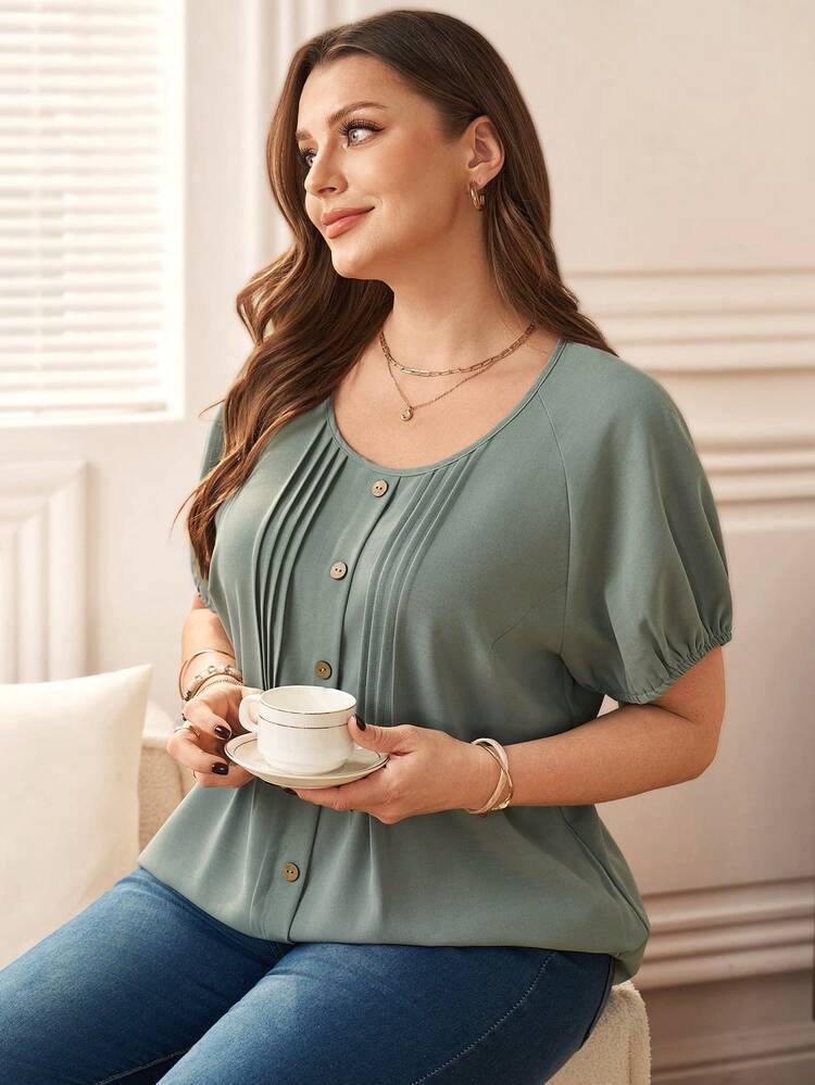 Plus Size Women's Summer Casual Vacation Country  Green Button Design  Round Neck Short Sleeve Blouse Top Shirt,Summer\Vacation,Summer Holiday,Spring Break Outfits ,Vacation Outfits Women ,Holiday Outfits For Women,Going Out Outfits,2026 New Clothes,Simple And Fashionable For Everyday Wear,Suitable For Summer, Vacation, Daily Wear, Blouses For Women Plus Size, Green Blouses, Short Sleeve Blouses