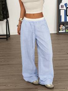 Muchica 女士藍色條紋織物寬褲，寬鬆版型休閒長褲 - 藍白色 - 查看 4