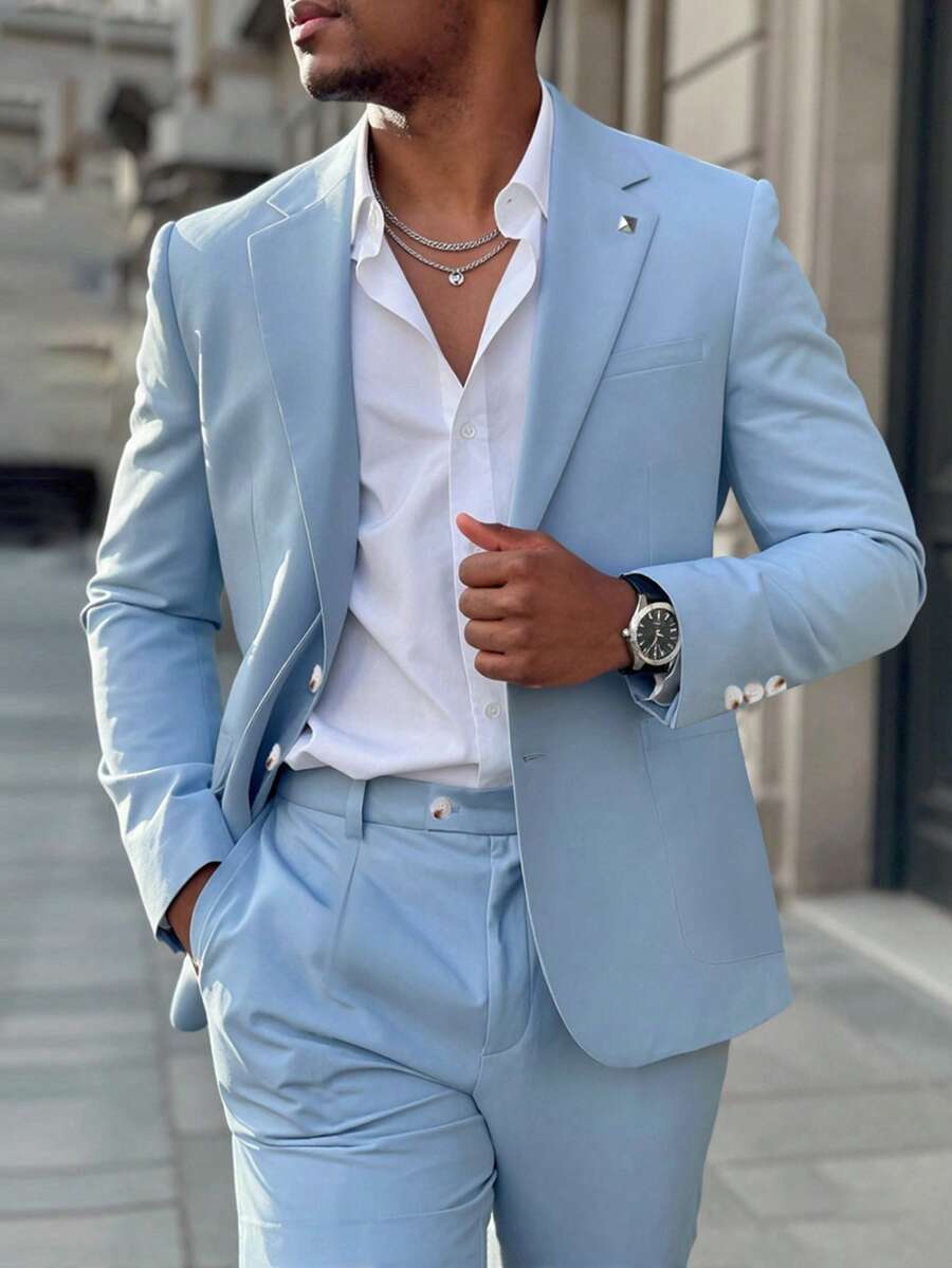 Manfinity Bizformal 男士商务休闲正装通勤修身西装套装 - 淺藍色 - 查看 1