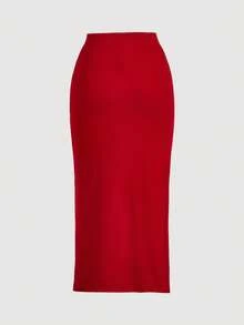 SHEIN MOD 红色褶皱开衩半身裙，两件套 - 紅色 - 查看 9