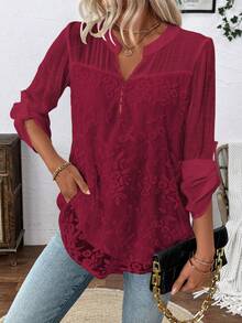 EMERY ROSE 刺绣薄纱休闲长袖宽松衬衫 - 酒紅色 - 查看 4