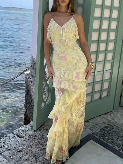 Aloruh Women's Elegant Ruffle Trim Floral Print Fitted Beach Vacation Dress,Women Night Out Dress,Summer Dresses For Women, Honeymoon Outfits Woman ,Women Wedding Guest Dress,Island Vacation Outfits,Wedding Guest Dress Women ,Sun Dresses For Women ,Elegant Dresses For Party, Birthday Dresses For Women,Summer Dresses For Women,Beach Dresses For Women