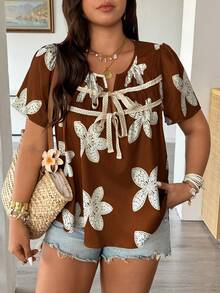 Vionelle Áo sơ mi nữ cỡ lớn tay ngắn dáng rộng thắt nơ thanh lịch in họa tiết, áo sơ mi kiểu nghỉ dưỡng đồng quê màu nâu, bộ áo khoác ngoài quần short cho nữ đi nghỉ mát, áo hoa 3D màu nâu, áo kiểu boho, áo mùa hè boho, áo thường ngày mùa hè, áo màu nâu cho nữ, áo mùa hè cho nữ đi nghỉ mát, áo nữ mùa hè, áo thường ngày cho nữ, áo cho nữ mùa hè dễ thương, áo thường ngày mới nhất cho nữ. - Cà phê nâu - Xem 4