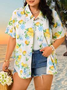 SHEIN CURVE+ Curve 尺码 US22 音乐节、海滨度假、波西米亚风女士开襟纽扣水果柠檬印花衬衫 - 彩色 - 查看 4