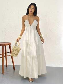 SHEIN PETITE 女士浪漫印花沙滩度假露背吊带V领褶皱A字连衣裙，适合夏季夏威夷度假，也适合女士夏季连衣裙、下午茶会连衣裙和白色毕业礼服。 - 白色 - 查看 7