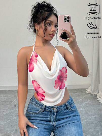 Firerie 1 pieza Camiseta de tirantes escotada con cuello de flores de estilo elegante y sexy para mujer, adecuada para vacaciones de verano