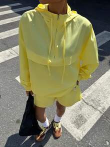 Muchica Light Yellow Woven Women's Hooded Half-Zip Long Sleeve Top And Shorts Casual Suit Yellow Outfit Women Yellow 2 Piece Set - Light Yellow - View 3