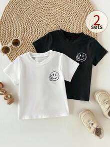 SHEIN Playful Pals 2pcs Baby/Baby Boy Black & White T-Shirts, Simple Letter Print, All-Match Casual Versatile Tops Suitable For Summer - Multicolor - View 5
