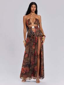 ROMWE Spring/Summer Y2K Sexy Beach Metal Chain Shell Floral Print High Slit Maxi Dress, Country - Brown - View 3