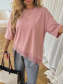 SHEIN LUNE Áo thun nữ dáng suông màu trơn, vạt áo bất đối xứng, phối ren, trang phục cơ bản hàng ngày cho mùa xuân và mùa hè. - Bụi hồng - Xem 3