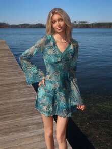 Sydney Algeri Y2K Women Boho Vintage Paisley Print Teal Printed Casual Long Sleeve V-Neck Cinched Waist Women Mini Dress - Multicolor - View 1