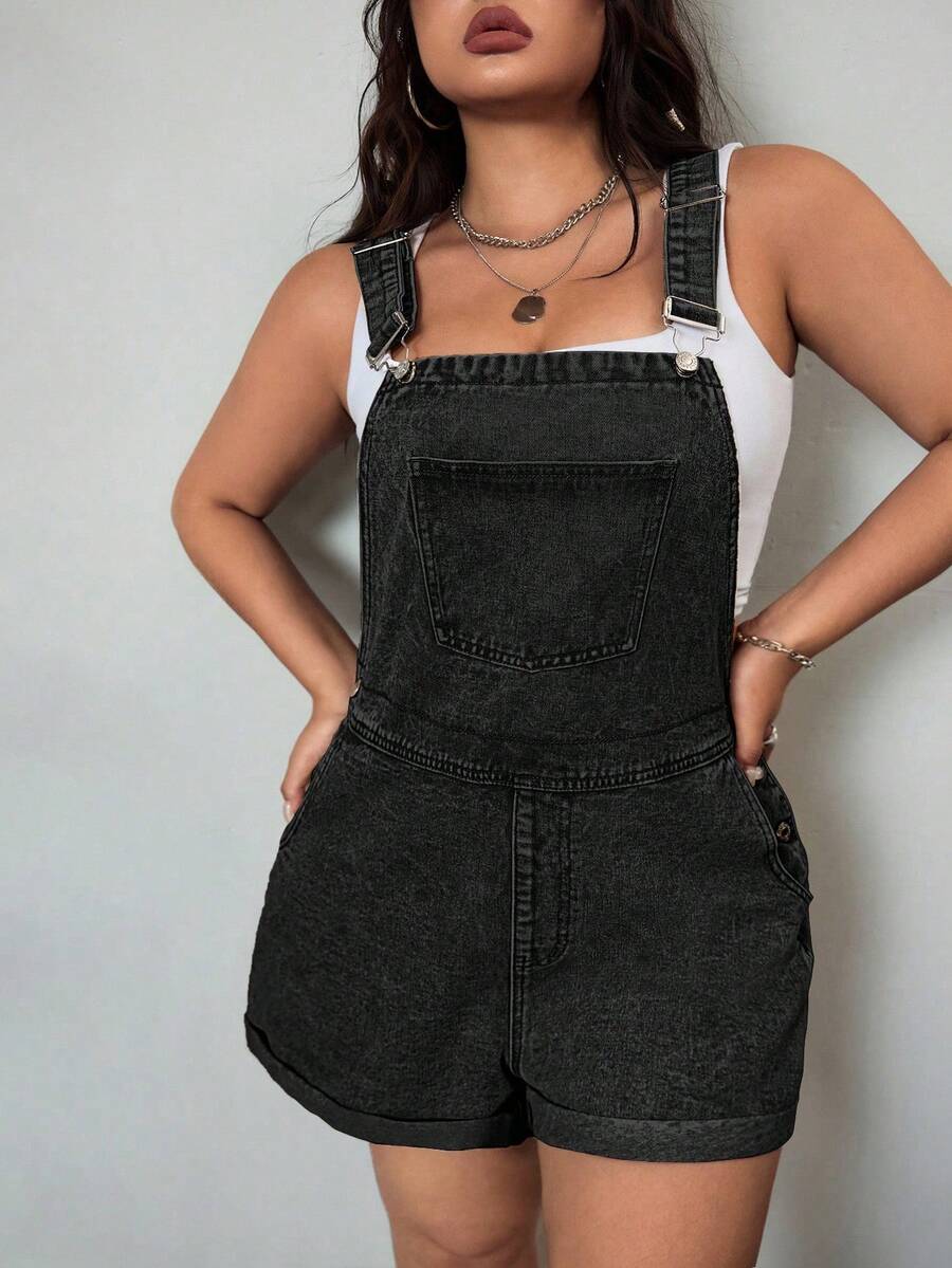 SHEIN ICON 夏季加大卷边牛仔连体裤（无抹胸） - 黑色 - 查看 1