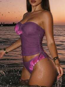 Swim SXY 2pcs/Set Women's Floral Print Spaghetti Strap Bikini Top And Bottoms - Multicolor - View 3