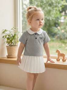 SHEIN 2件套女婴0-3岁休闲优雅Polo衫上衣和百褶裙套装 - 灰色 - 查看 8