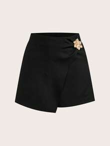 SHEIN Franclia 女士金属3D立体花卉装饰不对称下摆时尚半身裙裤 - 黑色 - 查看 3