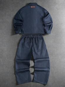 PAVTROS Men's Casual Front Button Long Sleeve Denim Effect Jacket And Pants Set - Blue - View 2
