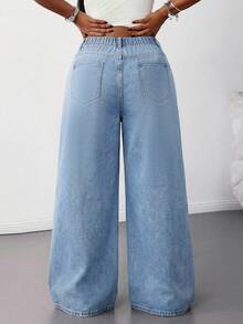 SHEIN Tall CURVE 大码浅蓝色弹力腰休闲直筒宽松牛仔裤 - 淺色水洗藍 - 查看 2