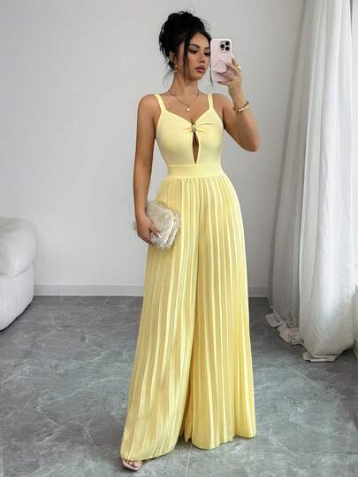 SHEIN Elenzya 无袖金属装饰镂空褶皱腰身优雅浪漫精致女士连体裤