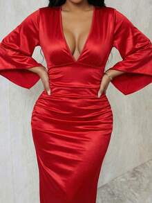 Eryvara Vestido largo con cuello en V, cintura plisada y mangas con volantes para mujeres - Rojo - Ver 4