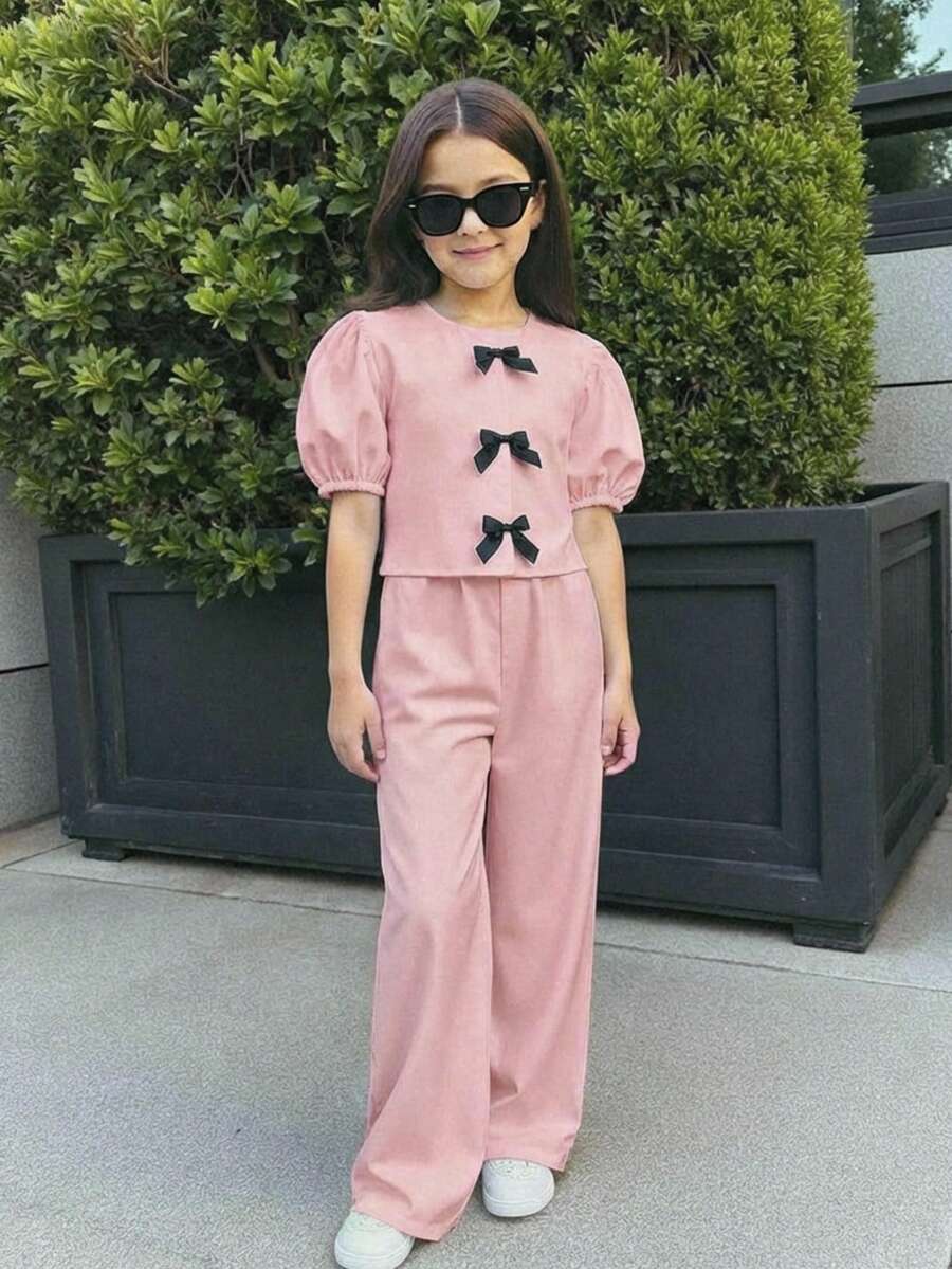 SHEIN Firerie Kids Tween Girls Casual Fashion Round Neck Petal Sleeve Button-Up Top And Ankle Length Pants Set,Kids - Baby Pink - View 1