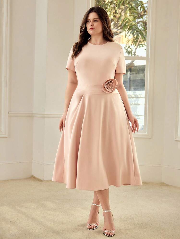 PLUS SIZE WOMEN'S SHORT SLEEVE FLORAL DECOR WAIST FLARED HEM MIDI DRESS, ELEGANT & MINIMALIST, SPRING/SUMMER