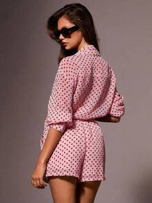 Athîral 女士夏季休闲波点印花衬衫和短裤两件套 - 淺粉色 - 查看 5