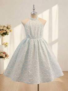 Robe élégante sans manches avec nœud gaufré pour préadolescentes - Bleu azur - Voir 3